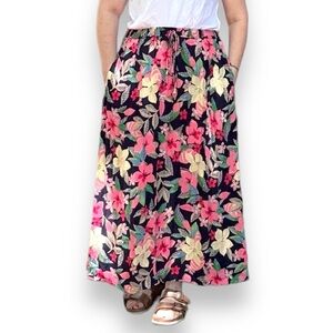 Vintage Napa Valley Blue Floral Tropical Crepe Maxi Skirt Size Large Summer EUC